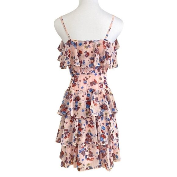REBECCA MINKOFF MARLA PINK FLORAL RUFFLE LACE UP LAYERED MINI CHIFFON DRESS - Picture 3 of 9